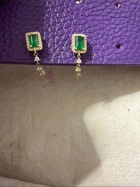 14k Gold Green emerald Drop diamond Earrings